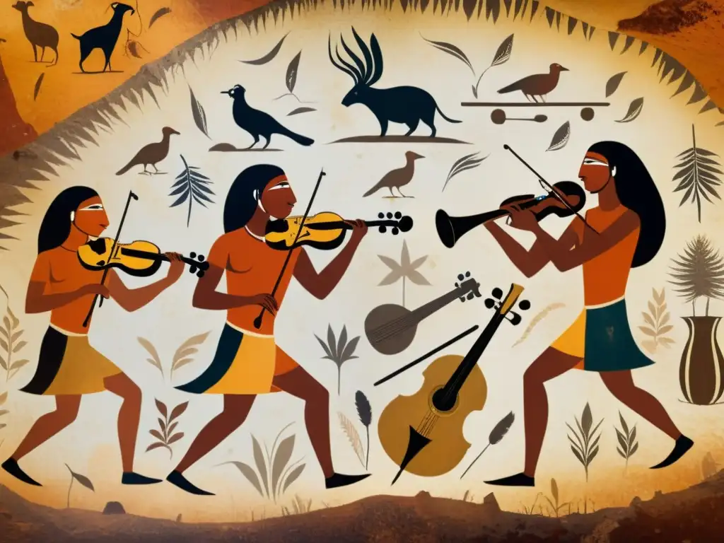 Pinturas rupestres prehistóricas: Música ancestral en cuevas Detalle impresionante de instrumentos musicales prehistóricos en arte rupestre, revelando su simbolismo y significado artístico