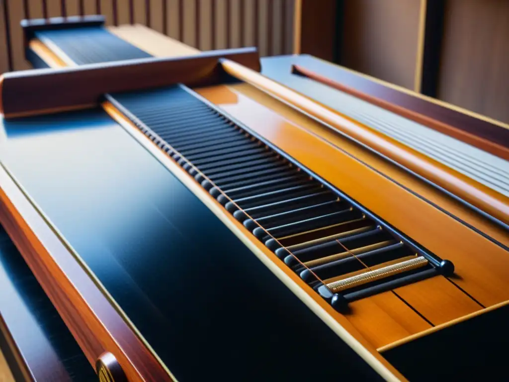 Detalle impresionante del koto japonés, mostrando su exquisita artesanía y las cuerdas brillantes