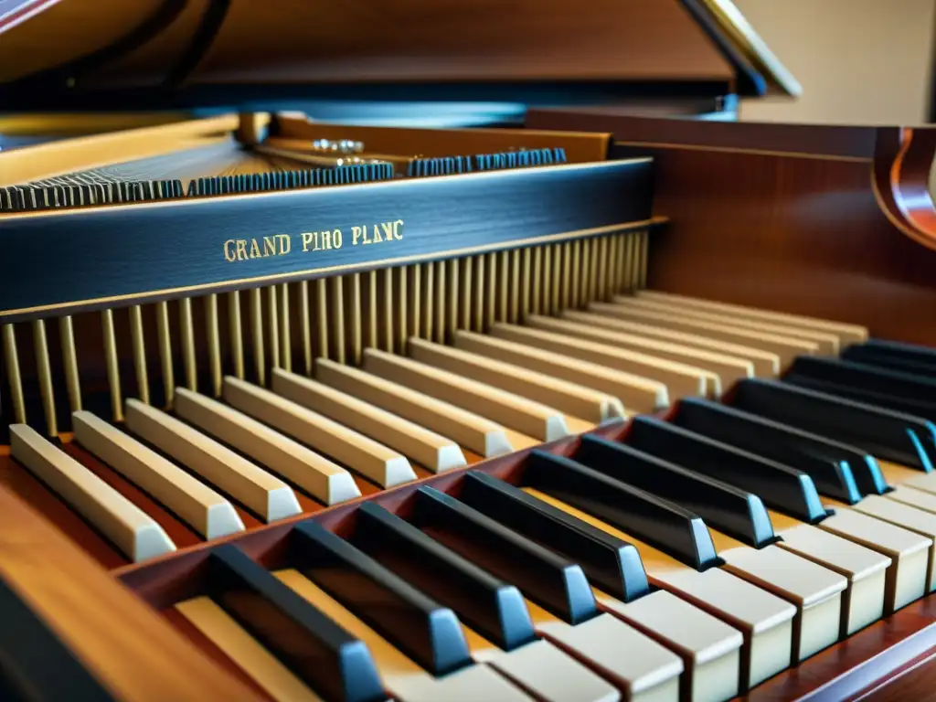 Detalle impresionante de martillos de piano golpeando las cuerdas, revelando la complejidad de capas de sonido en el piano