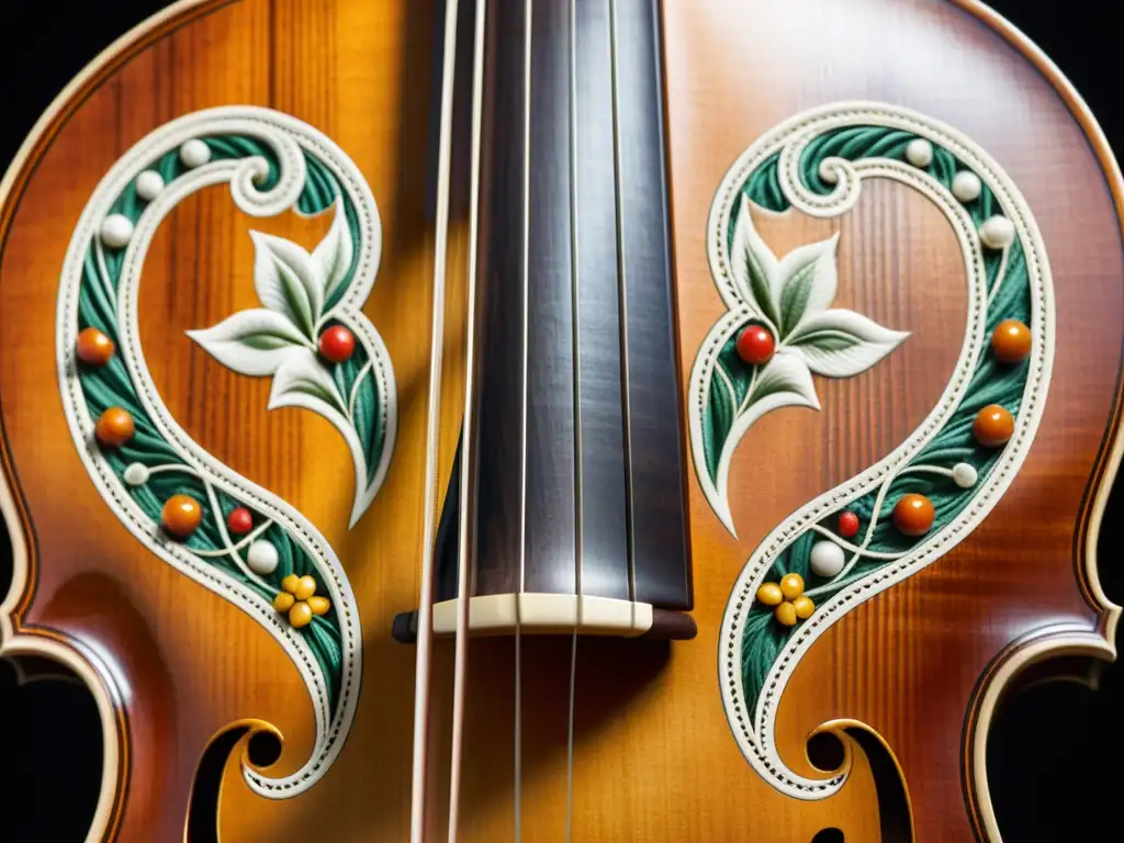 Detalle impresionante del Hardanger Fiddle Noruego con intrincados adornos y madera pulida, reflejando su rica artesanía y tradición musical