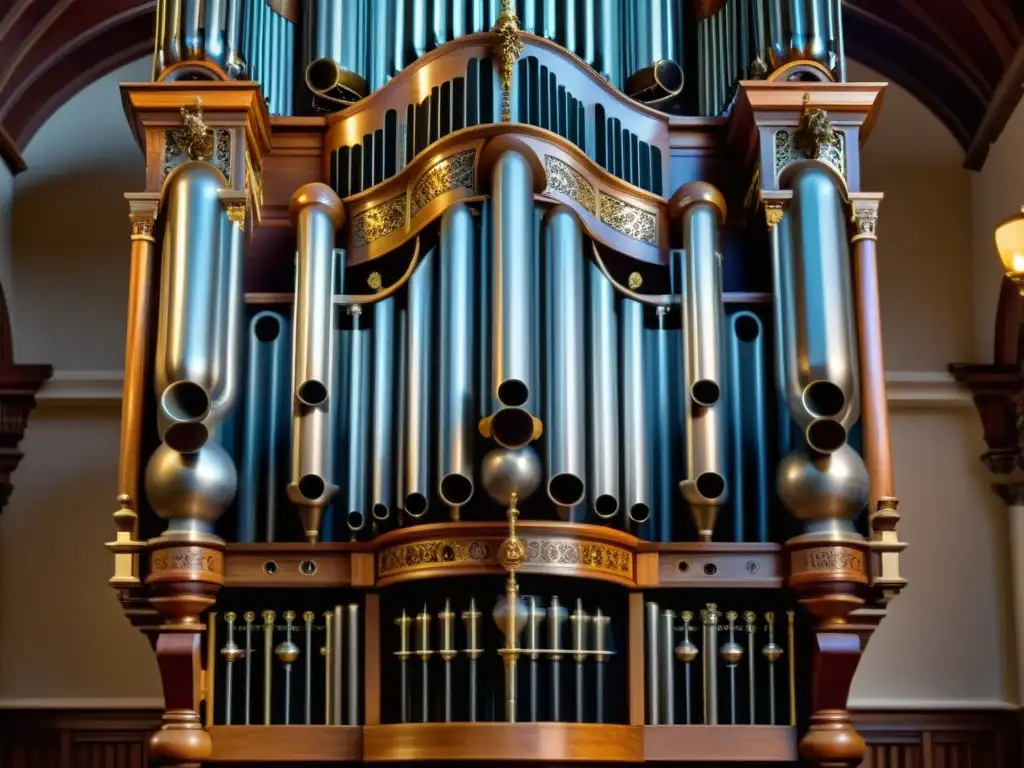 Detalle impresionante del sistema de tubos del majestuoso órgano de tubos en música, resaltando su complejidad y grandiosidad