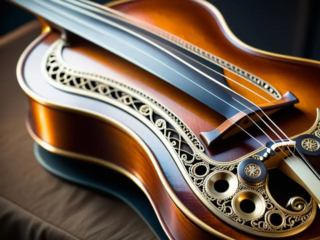 Detalle impresionante de un teorbo barroco, con su intrincado trabajo en madera, cuerdas delicadas y pátina envejecida