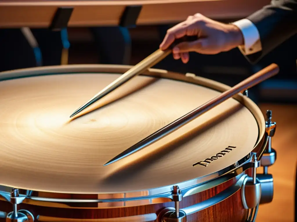 Detalle impresionante del timbal de una orquesta sinfónica, resaltando la artesanía y la historia del instrumento