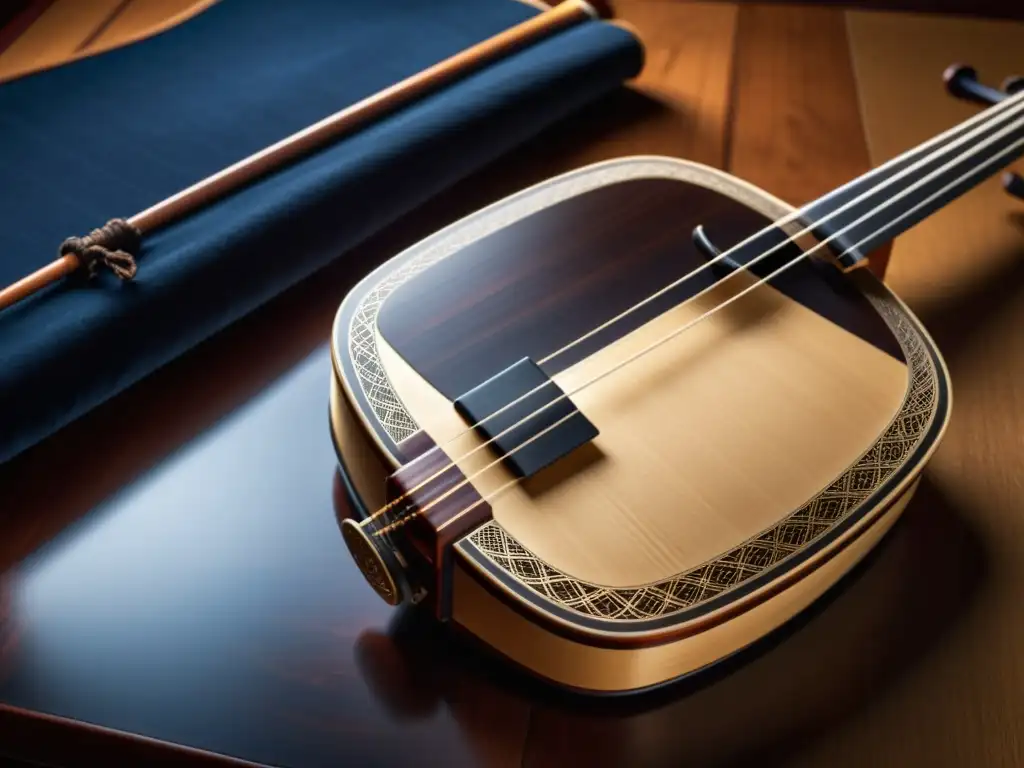 Detalle impresionante del Tsugaru Shamisen japonés, resaltando su historia y relevancia cultural con su exquisita artesanía y sutiles sombras