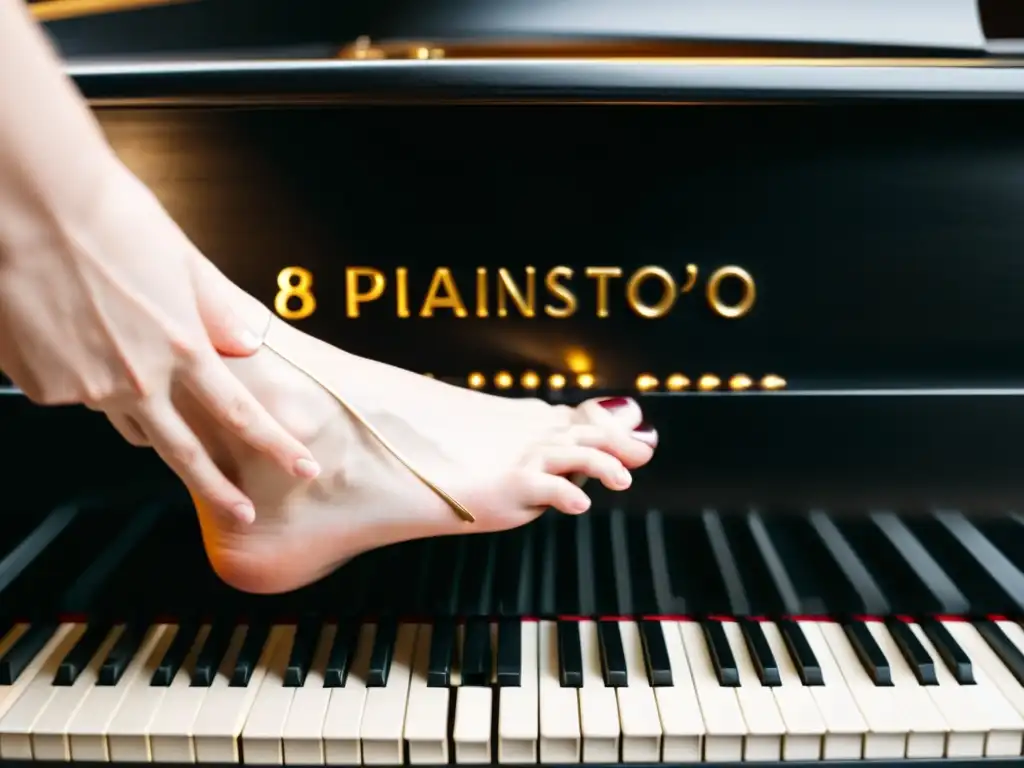 Detalle impresionante del uso correcto de los pedales del piano, capturando la destreza y expresión musical del pianista