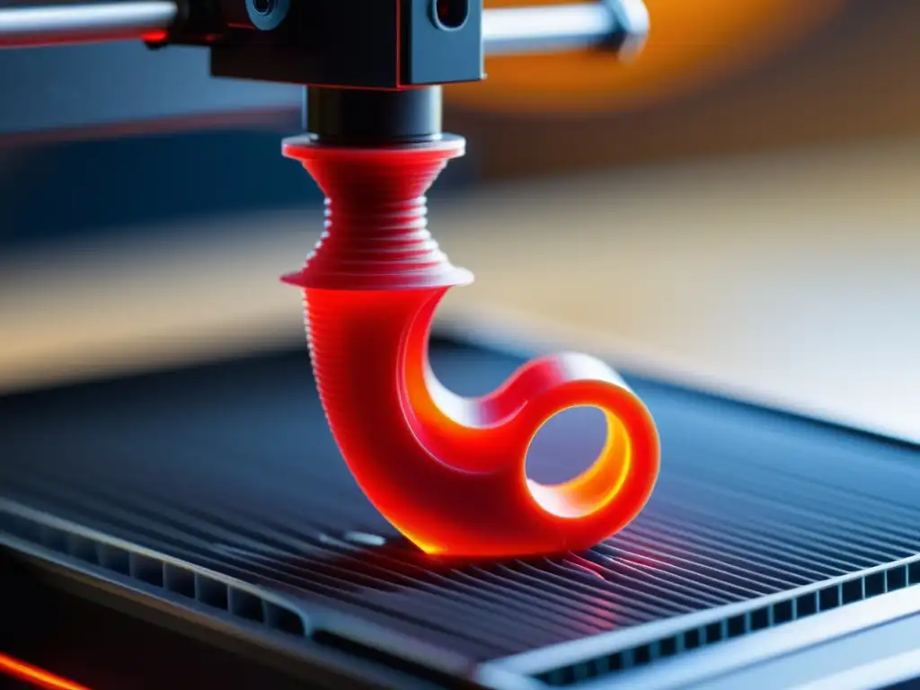 Detalle de impresora 3D creando cuerpo de violín en filamento rojo, resaltando el impacto de la impresión 3D en instrumentos musicales