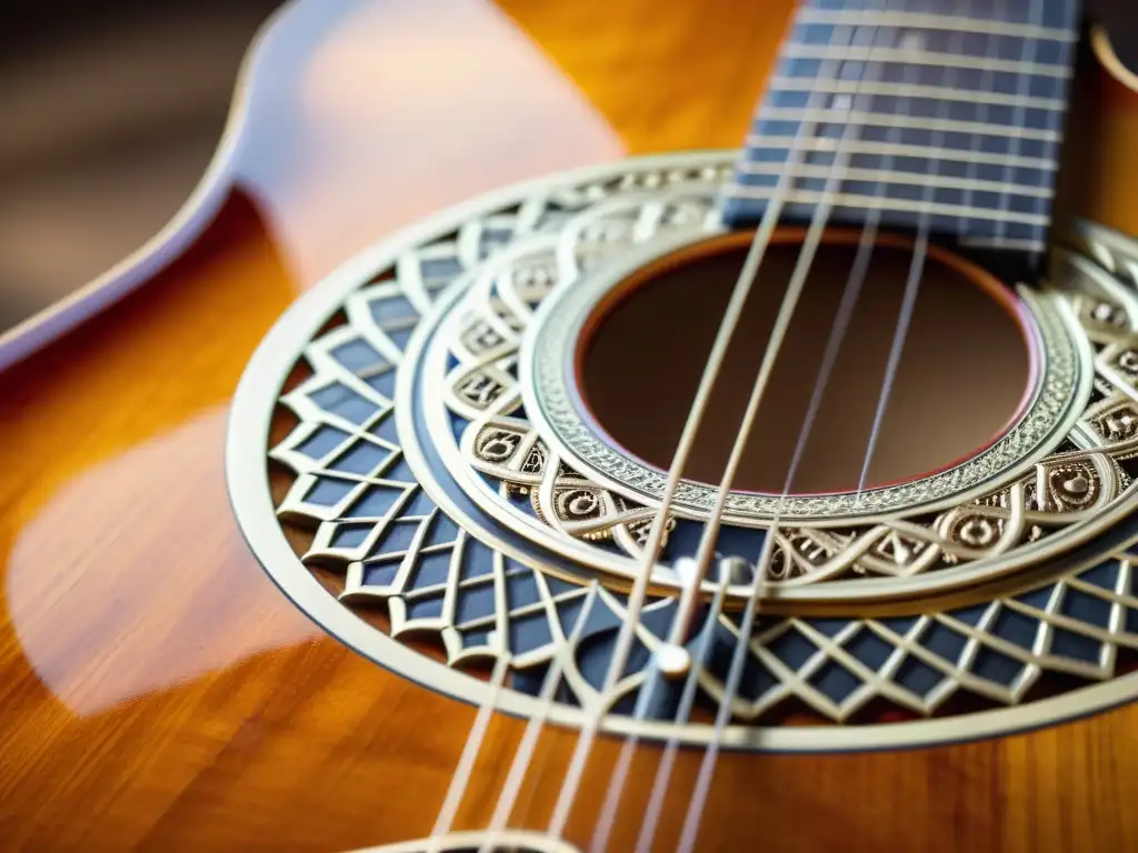 Detalle increíble de la madera y diseño de una roseta de guitarra española