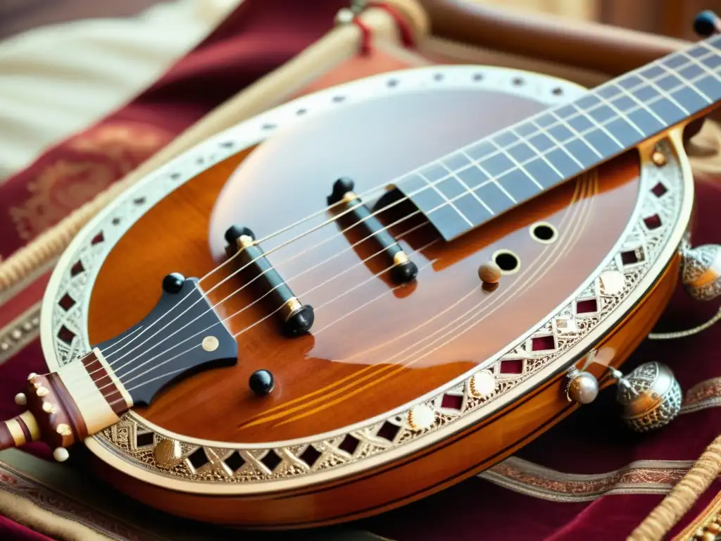 Detalle de una sitar india tradicional del siglo XIX, con intrincados diseños y cuerdas metálicas, en tonos cálidos y luz suave