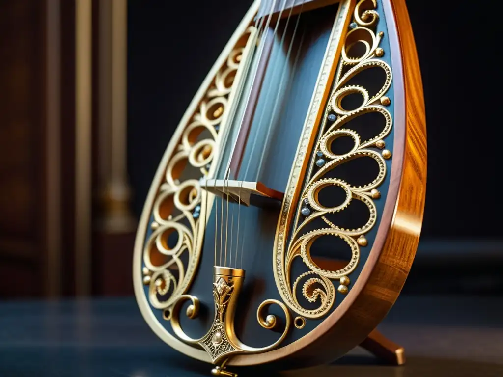 Detalle de réplica del instrumento de música Renacimiento, destacando su artesanía exquisita y significado cultural