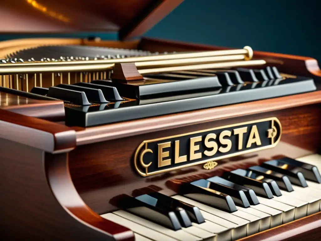 Detalle del Celesta, instrumento musical con historia, mostrando su elegante diseño y artesanía atemporal