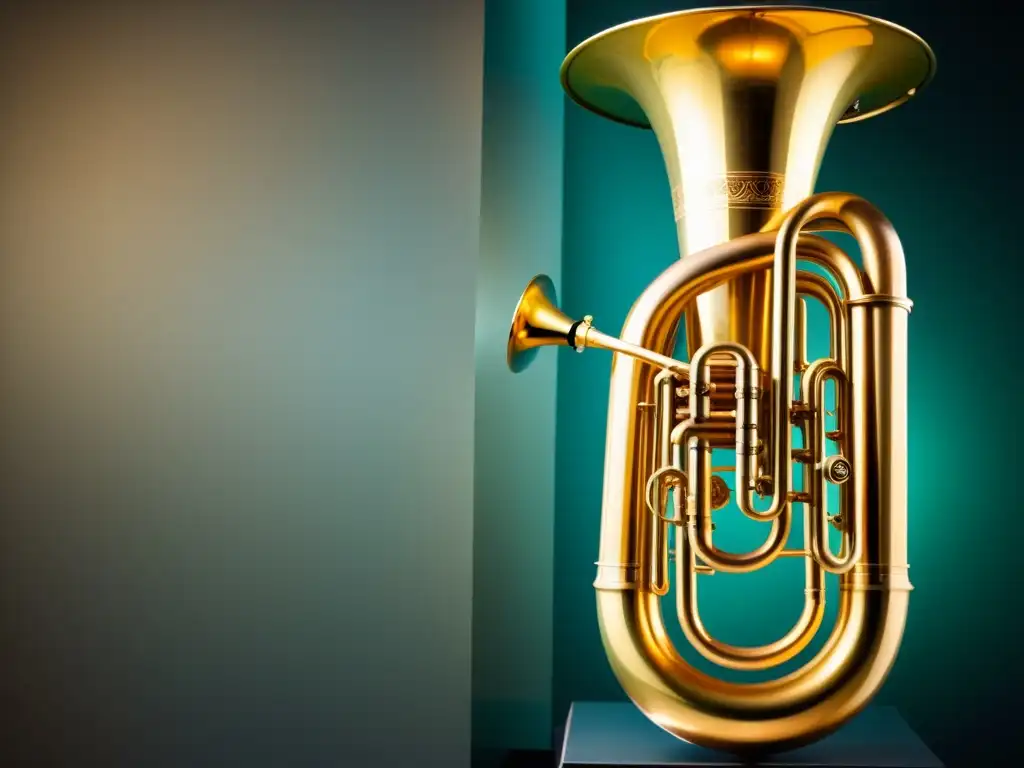 Detalle de la evolución de instrumentos musicales, historia de la tuba desde su forma serpentina hasta el contrabajo moderno, en un museo