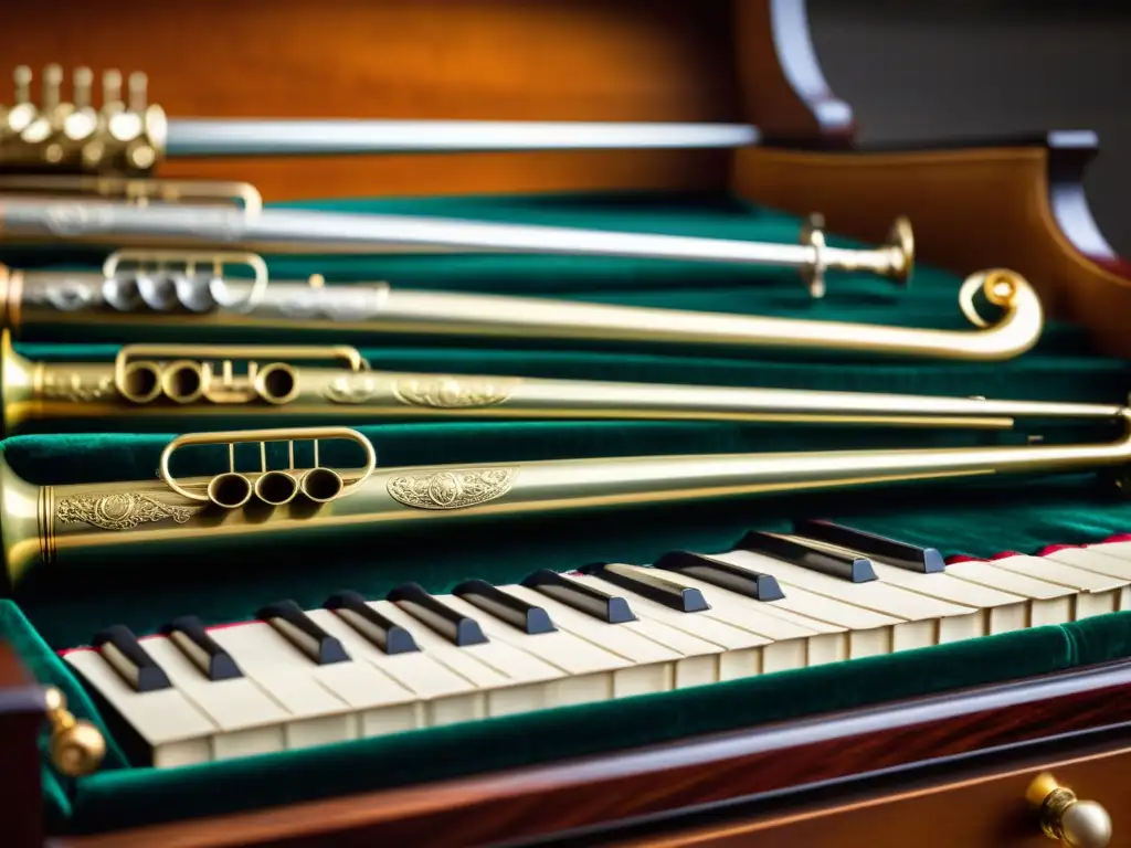 Detalle de instrumentos musicales de orquestas militares, resaltando su artesanía y significado histórico