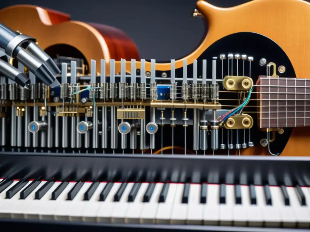 Detalle de instrumentos musicales robóticos fusionando tecnología y música, destacando la precisión y complejidad de su diseño innovador y futurista