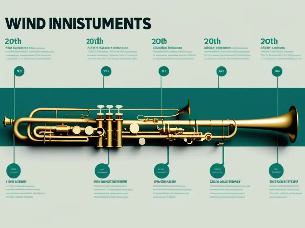 Detalle de la evolución de los instrumentos de viento en el siglo XX, con clarinete, saxofón, Adolphe Sax y diseños contemporáneos