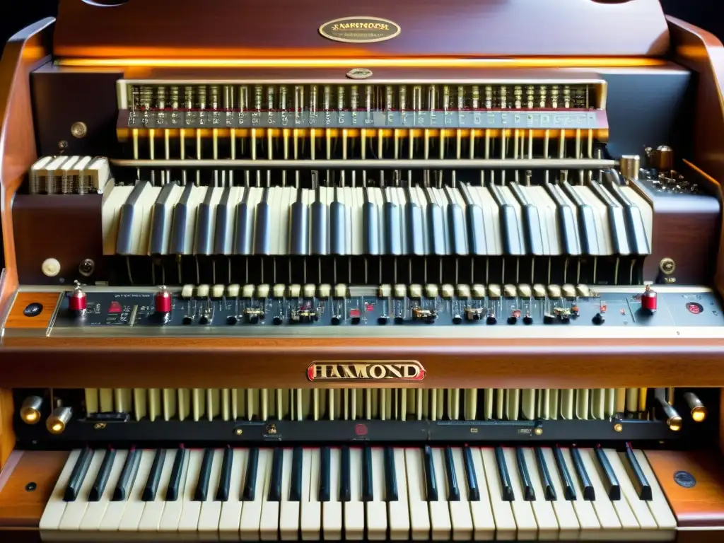 Detalle íntimo de las complejas entrañas de un órgano Hammond vintage, destacando su sonido característico y la artesanía detrás de su sonido único