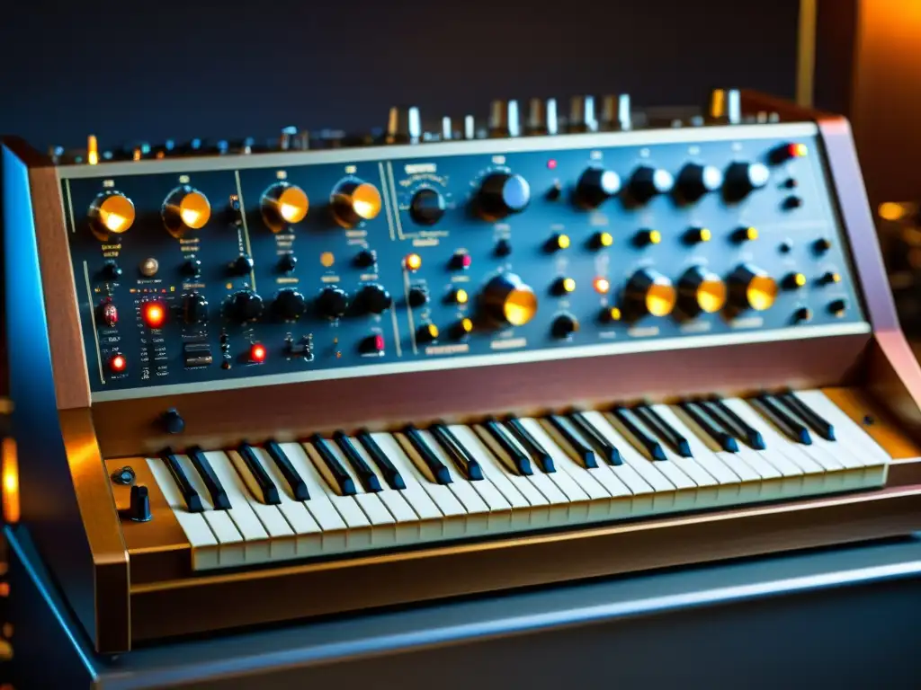 Detalle de la intrincada circuitaría de un sintetizador Moog vintage, reflejando su diseño innovador y la artesanía detrás de su creación