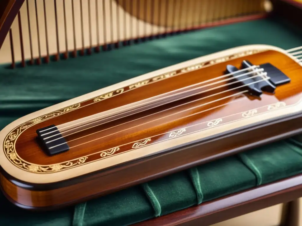 Detalle intrincado del guzheng chino, resaltando su artesanía y legado cultural a través de sus curvas, tallas y cuerdas brillantes