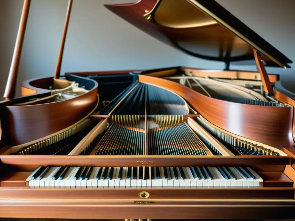 Detalle intrincado del interior de un piano de cola, resaltando la precisión y la belleza del diseño