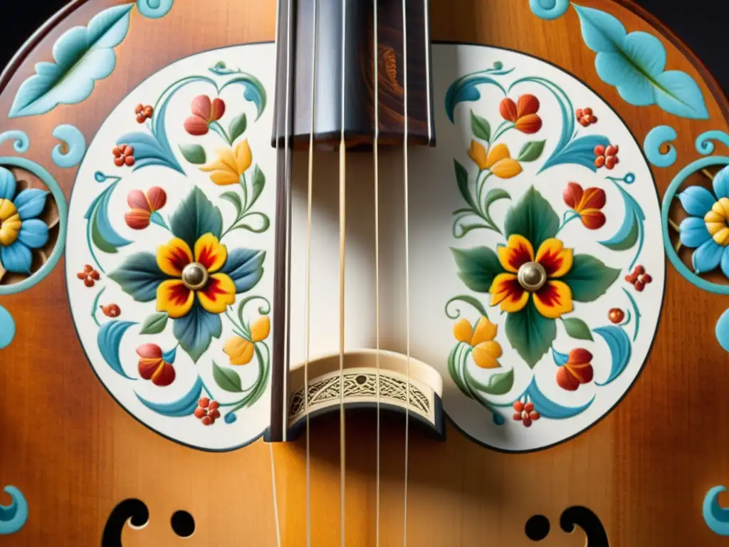 Detalle del intrincado rosemaling en el cuerpo del tradicional Hardanger Fiddle Noruego, resaltando su artesanía y significado cultural