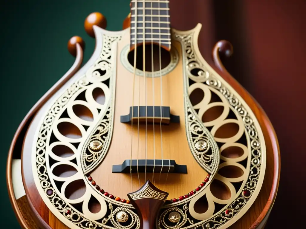 Detalle intrincado de un sitar tradicional resaltando su artesanía y calidez de la madera