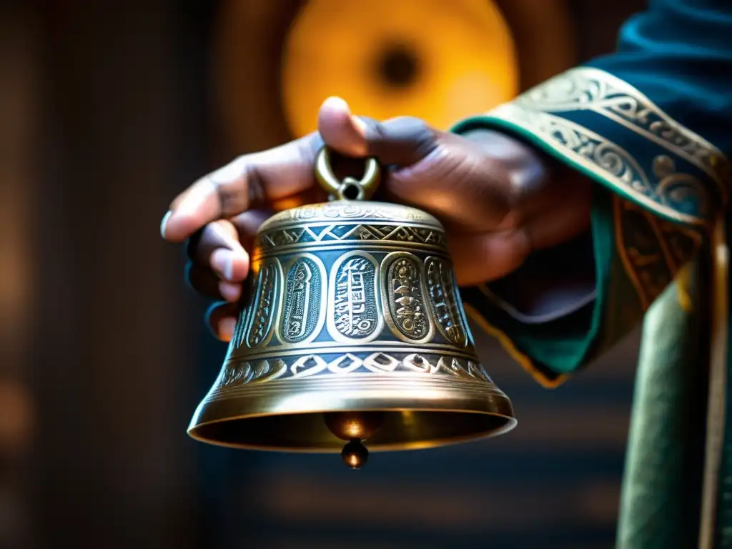 Detalle de un Gankogui bell con intrincado trabajo en metal y grabados tradicionales, en manos de un percusionista