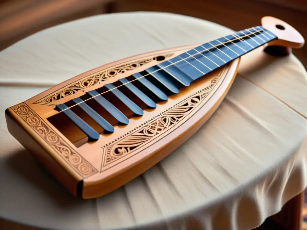 Detalle del kantele finlandés con intrincados diseños tallados, iluminado por luz cálida