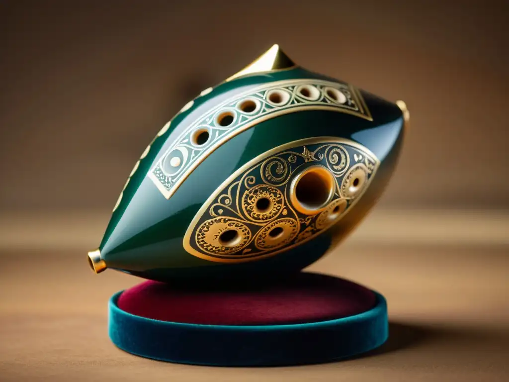 Detalle de la ocarina italiana antigua en exhibición, con historia y construcción detalladas