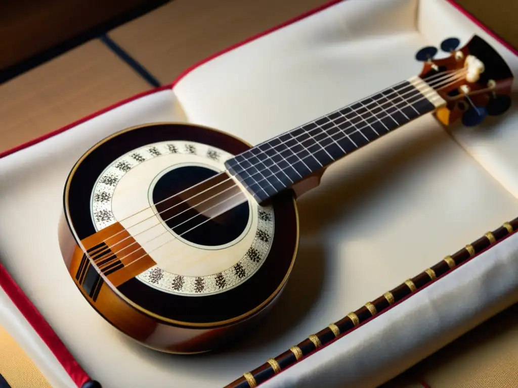 Detalle del Shamisen japonés, muestra la artesanía en madera y las incrustaciones de nácar