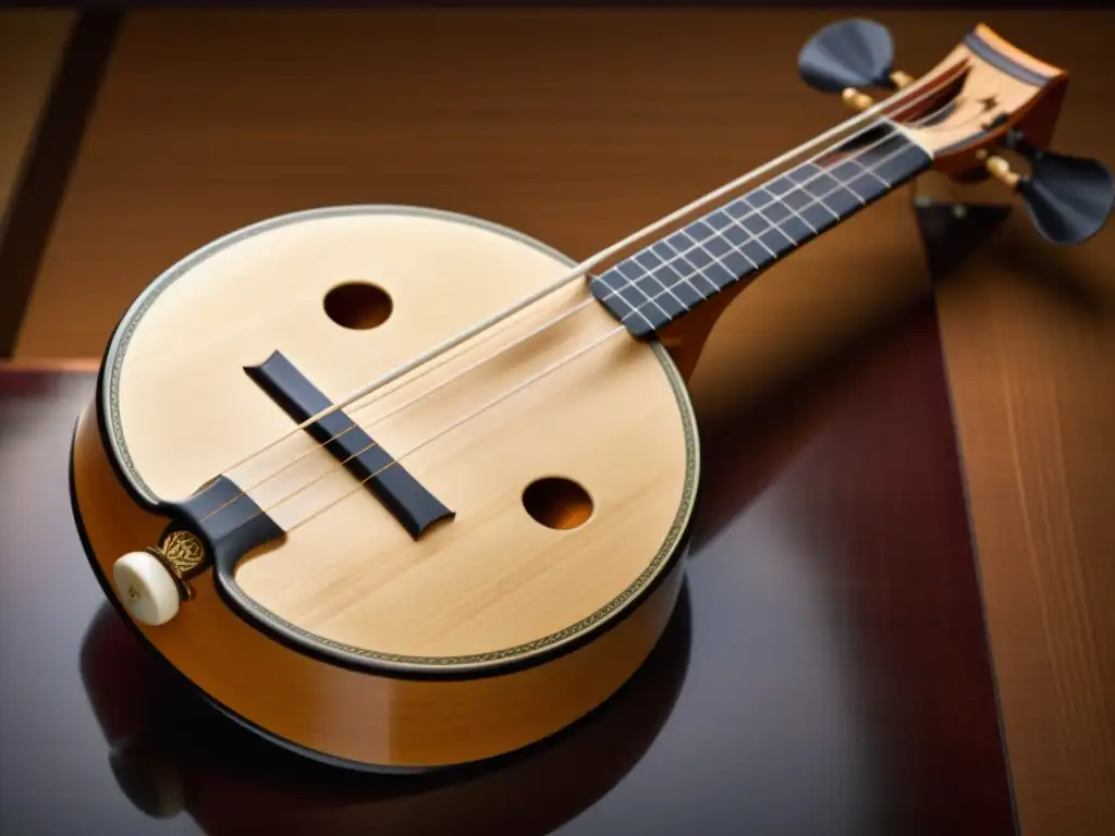 Detalle de un shamisen japonés tradicional, mostrando su artesanía e historia