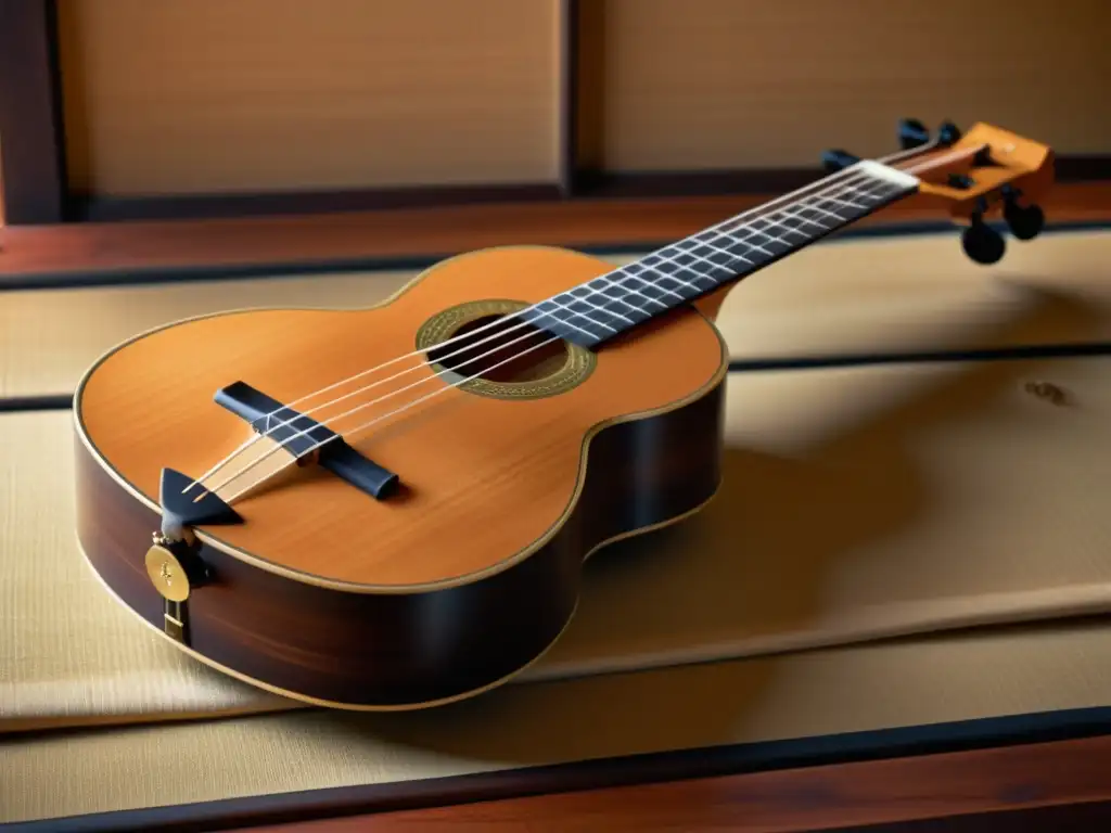 Detalle de un shamisen japonés tradicional, con madera intrincada, cuerdas delicadas y un aspecto envejecido