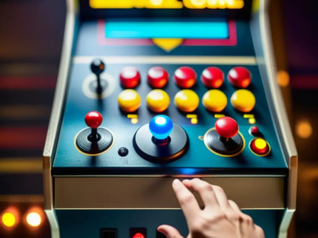 Detalle de un joystick de arcade vintage rodeado de una atmósfera nostálgica y la influencia de los videojuegos en la música electrónica