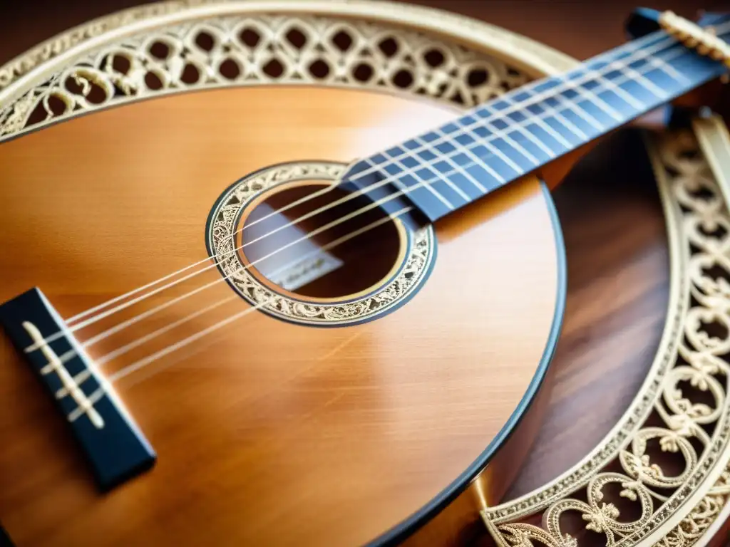 Detalle de laúd renacentista, resalta su exquisita artesanía y calidez, evocando la polifonía de la música antigua