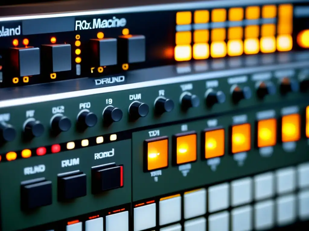 Detalle de la legendaria Roland TR909, icónico instrumento musical del techno Detroit, resaltando su diseño y controles intrincados