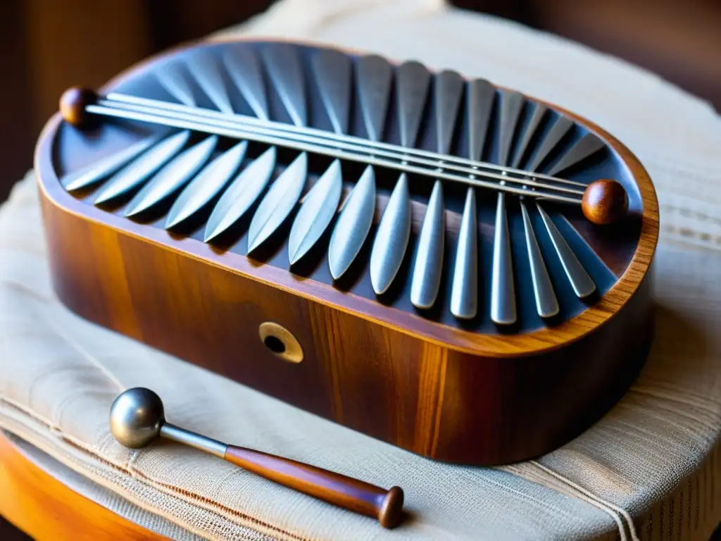 Detalle de la mbira zimbabuense con sus llaves metálicas y caja de resonancia de madera, resaltando su origen y sonido