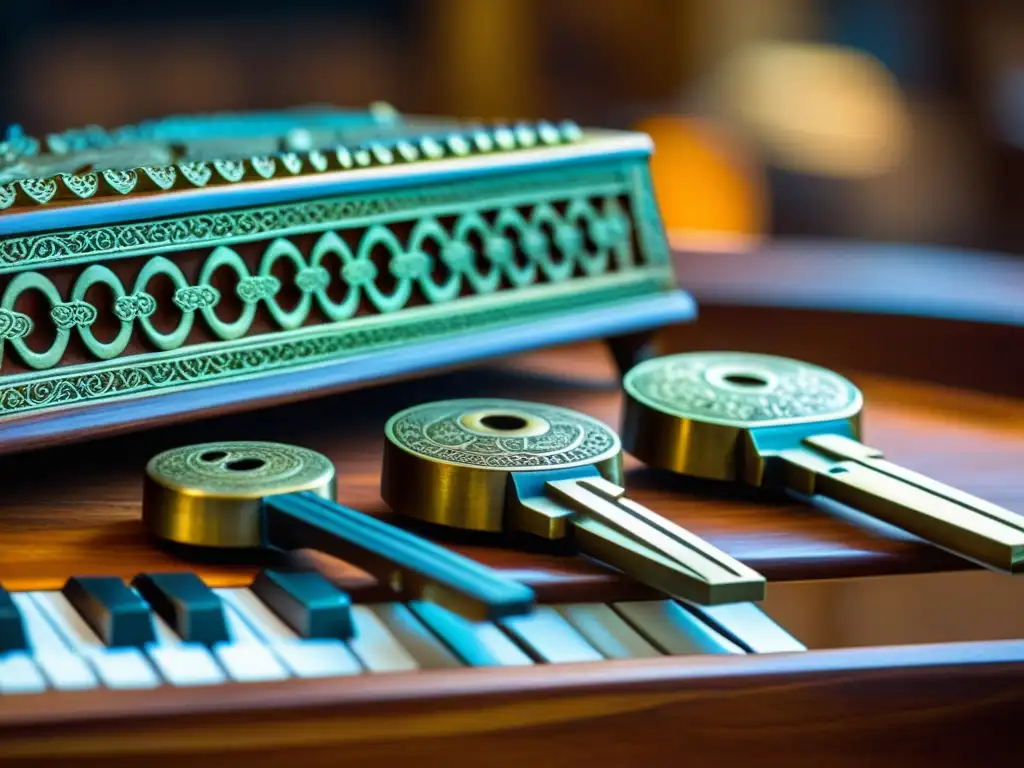 Detalle de llaves de slentem gamelan javanés en base de madera, resaltando su artesanía y tradición musical