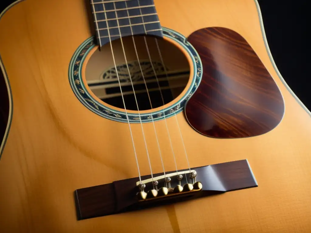 Detalle de la madera envejecida de una guitarra acústica vintage, resaltando la historia y sonido de la guitarra acústica