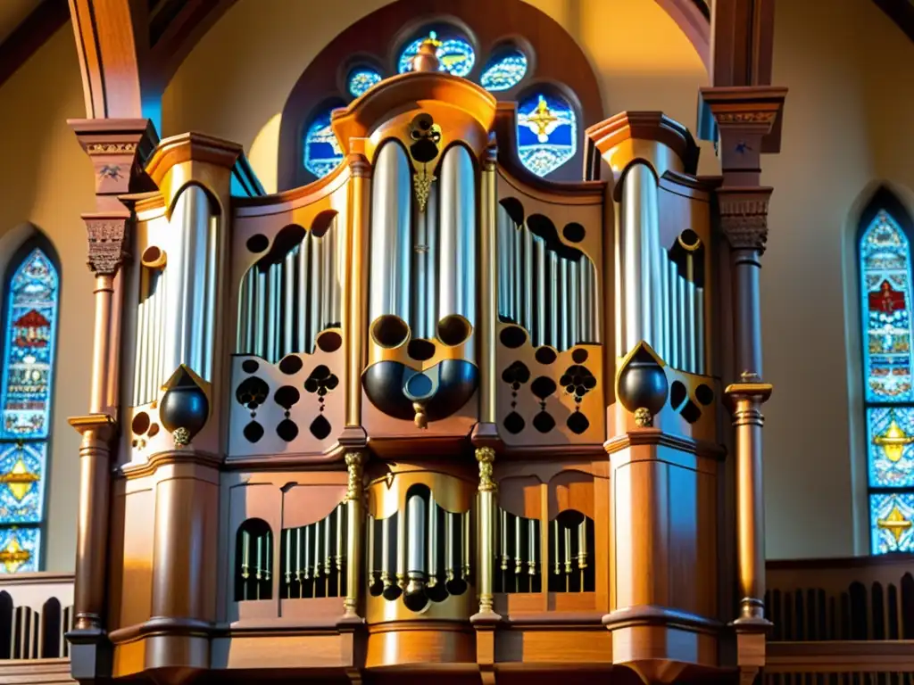 Detalle de la majestuosa artesanía de un órgano de tubos en música, resplandeciendo en tonos dorados y una atmósfera serena