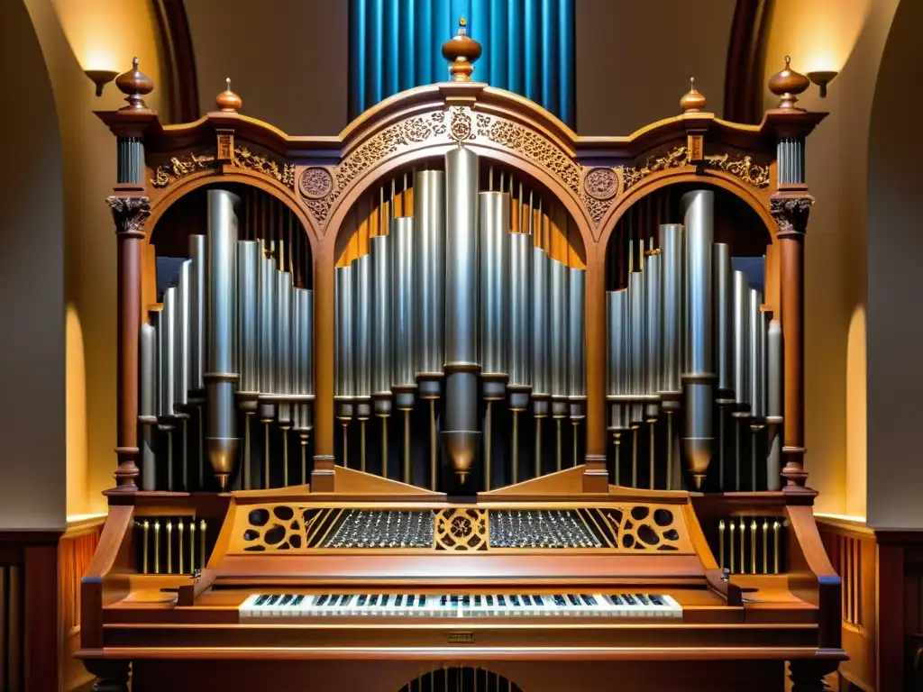 Detalle de un majestuoso órgano musical con sonidos únicos, destacando sus tubos, tallas ornamentadas y la iluminación dramática