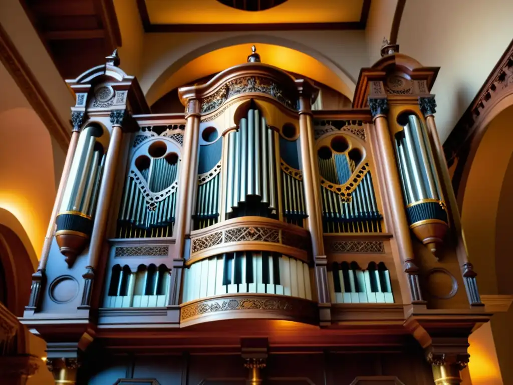 Detalle majestuoso del órgano musical con sonidos únicos, iluminado cálidamente y cargado de historia y reverencia