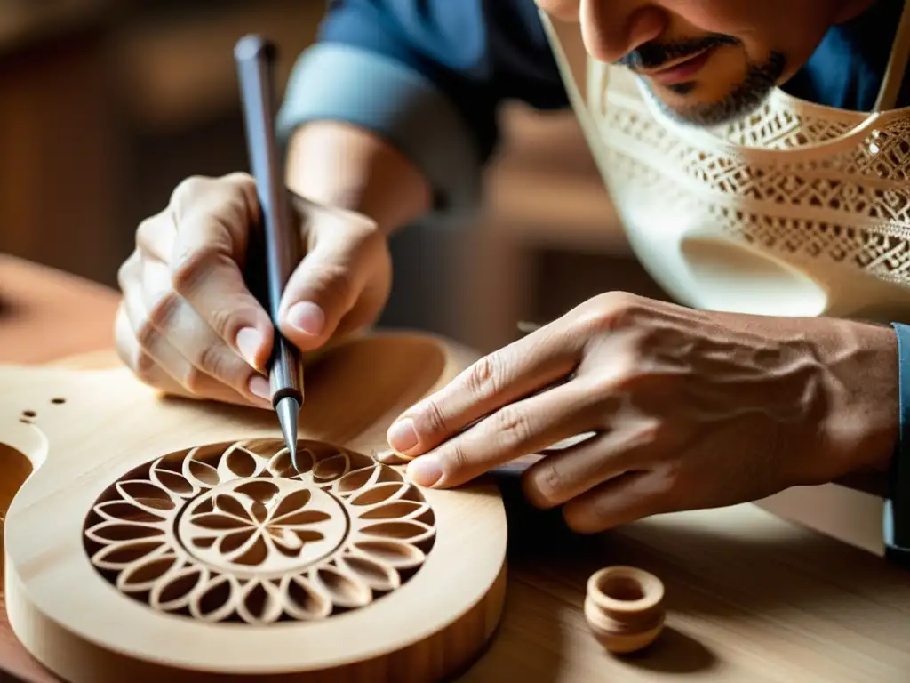 Detalle de luthier tallando a mano diseños en instrumento de cuerda, evocando la evolución y conservación de instrumentos musicales en el mundo