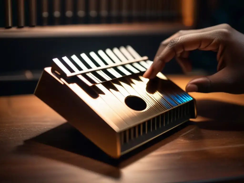 Detalle de mano tocando kalimba en estudio tenue, evocando experimentación sonora con kalimba espacial