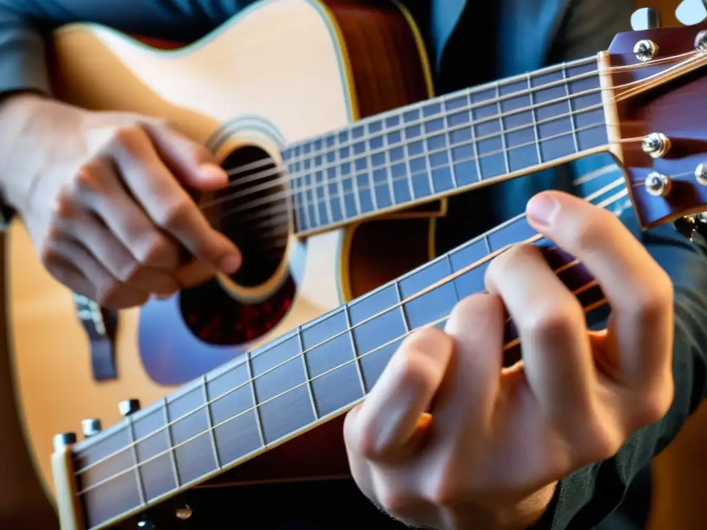 Detalle de la mano de un guitarrista ejecutando una compleja técnica de cuerda para tocar eficazmente en una guitarra acústica, resaltando la precisión y destreza técnica