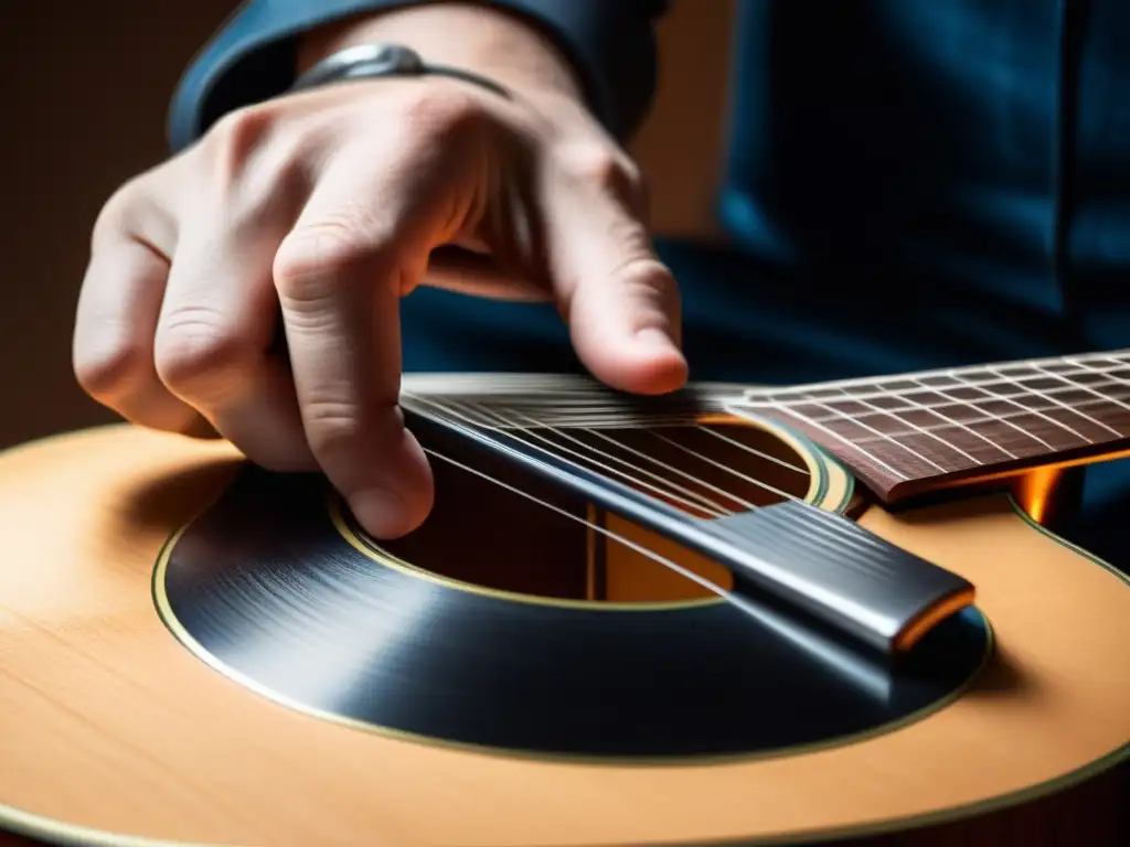Detalle de mano de guitarrista pulsando cuerdas de acero, mostrando diferencias sonido guitarras cuerdas acero nailon