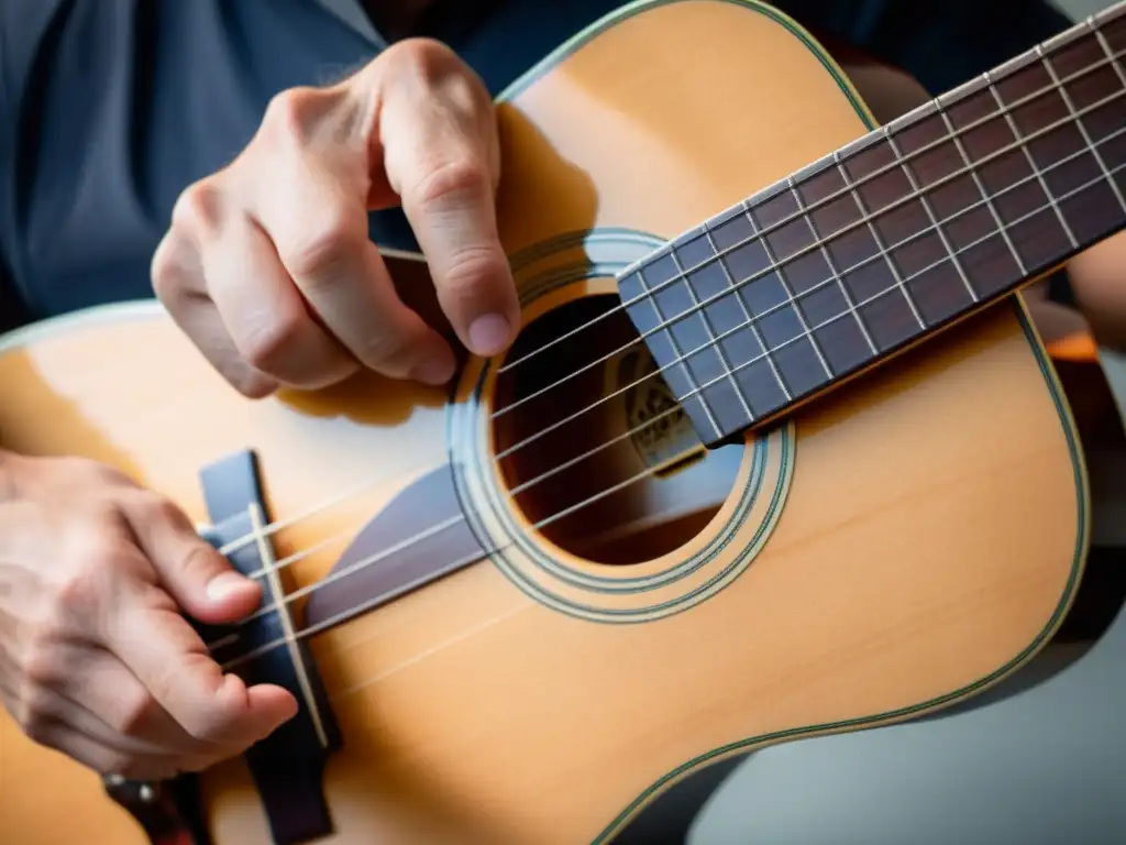 Detalle de mano de guitarrista usando la técnica cejilla para tocar acordes en guitarra acústica, con iluminación natural y texturas realistas