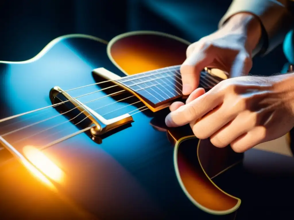 Detalle de la mano de un guitarrista tocando técnicas armónicas en la guitarra, capturando la precisión técnica y la expresividad musical