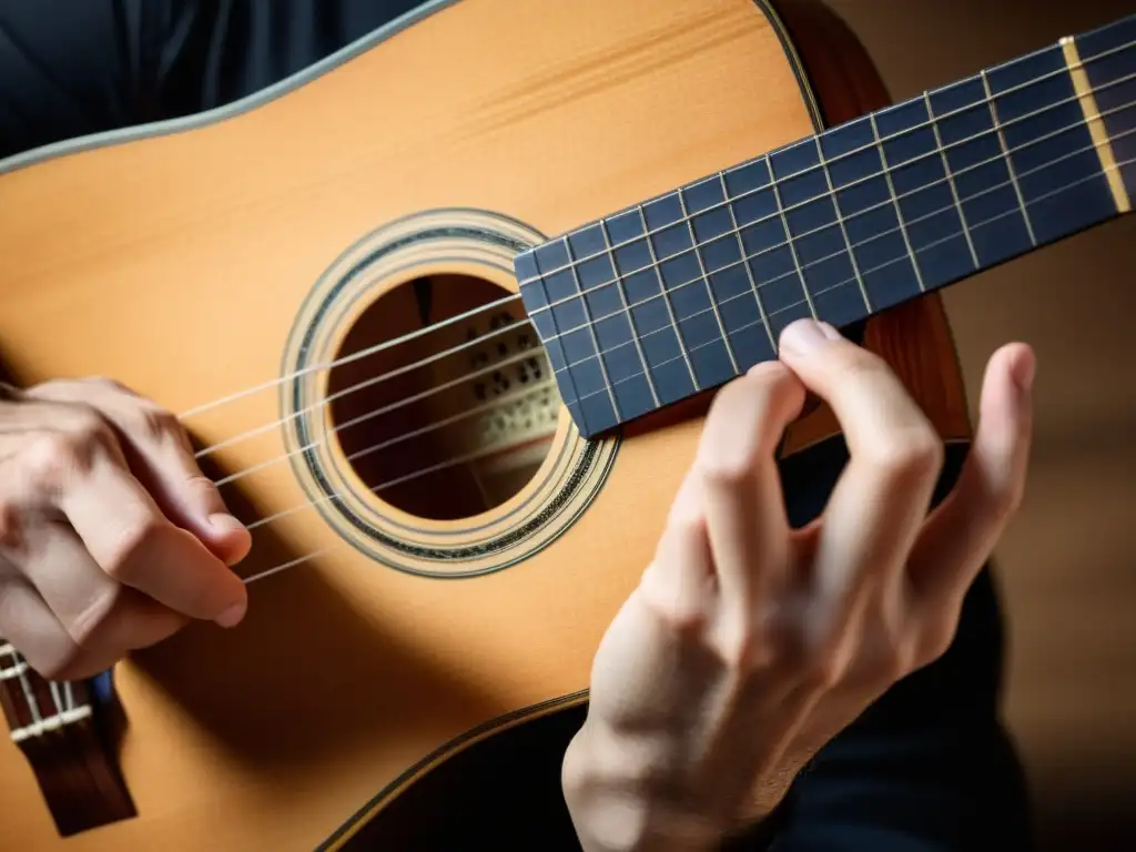 Detalle de una mano hábil ejecutando la técnica flageolet en una guitarra clásica, con precisión y calidez