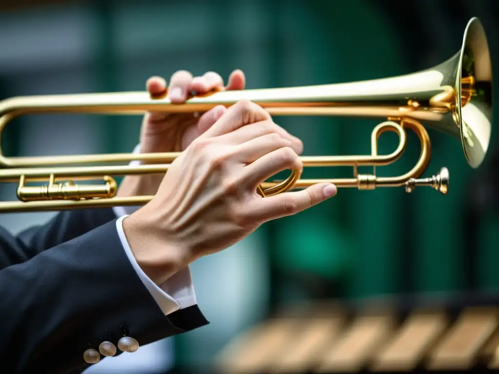 Detalle de mano de trombonista deslizando la vara, demostrando técnicas expresivas en trombón con destreza y pasión