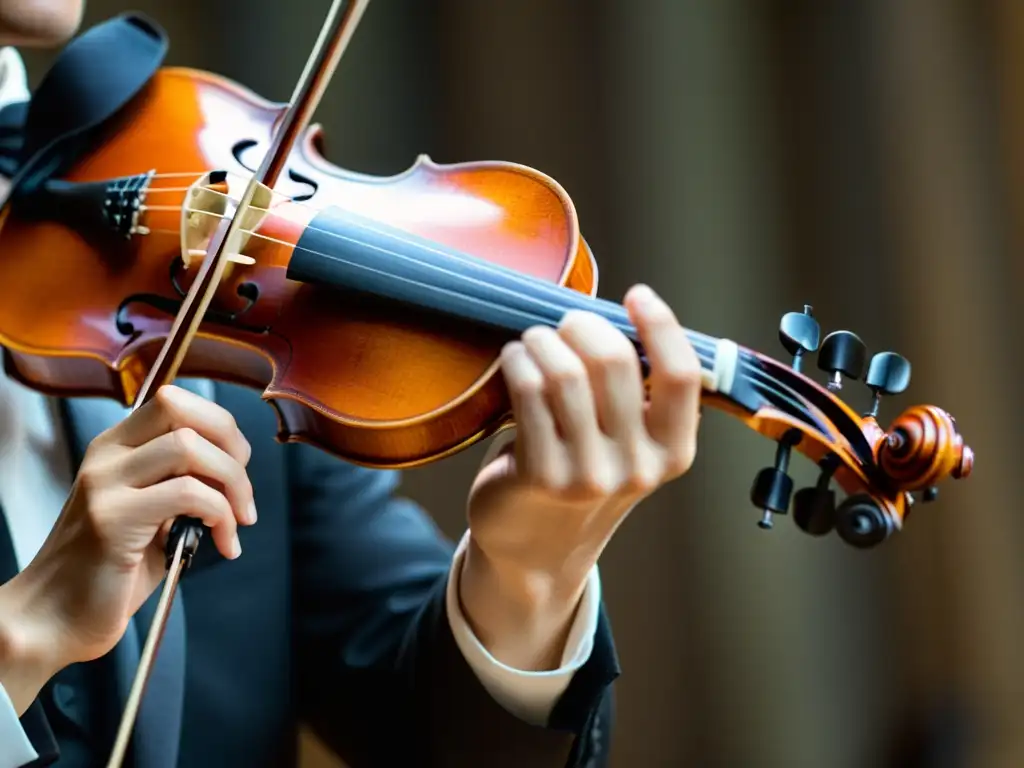 Detalle de mano de violinista aplicando la técnica de la cuerda al aire en el violín, resonancia natural cuerda violín