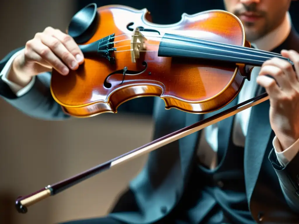 Detalle de mano de violinista ejecutando la técnica portamento con precisión y destreza, resaltando la habilidad en instrumentos de cuerda