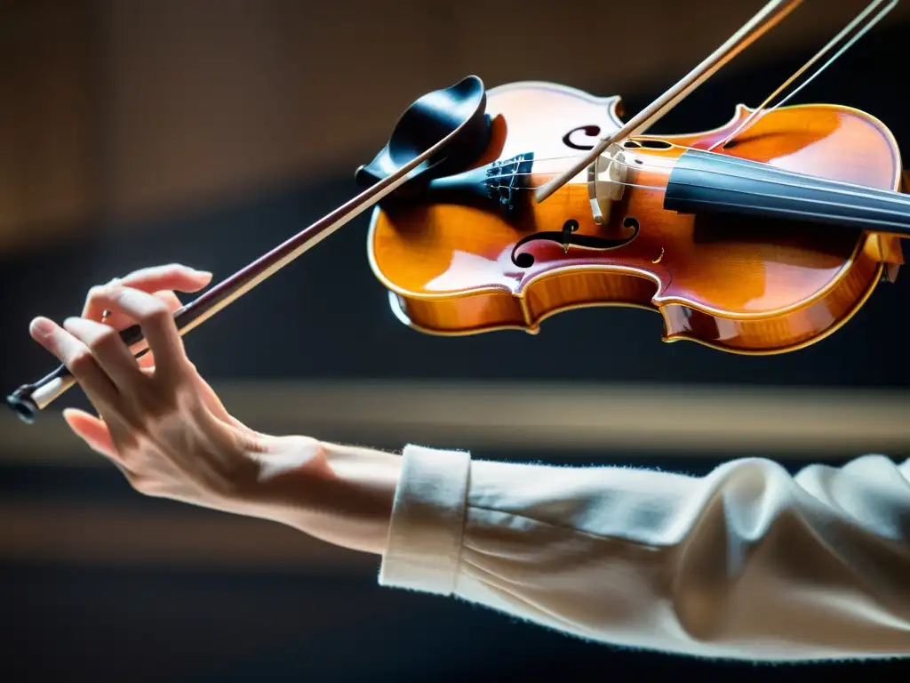 Detalle de mano de violinista ejecutando técnica spiccato con elegancia y precisión, creando arco de resina y vibraciones en las cuerdas del violín